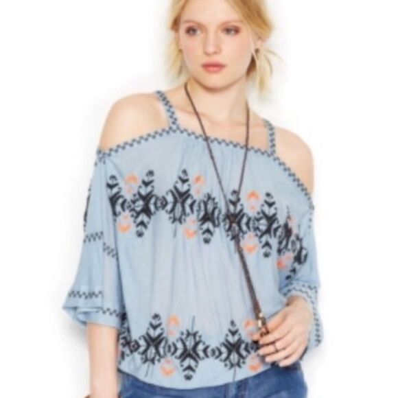 Free People Blue Embroidered Cold Shoulder Top Contemporary Festival Boho - Picture 1 of 14